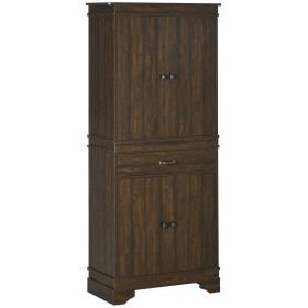 HOMCOM 72" Farmhouse Pantry Cabinet Walnut 4-Door Kitchen Storage with Drawer Shelves