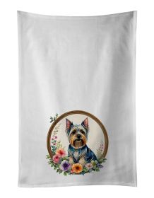 Silky Terrier and Flowers Kitchen Towel Set of 2 White Dish Towels Decorative Bathroom Hand towel for Hand, Face, Hair, Yoga, Tea, Dishcloth, 19