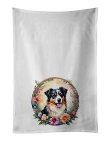 Australian Shepherd and Flowers Kitchen Towel Set of 2 White Dish Towels Decorative Bathroom Hand towel for Hand, Face, Hair, Yoga, Tea, Dishclot