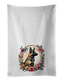 Belgian Malinois and Flowers Kitchen Towel Set of 2 White Dish Towels Decorative Bathroom Hand towel for Hand, Face, Hair, Yoga, Tea, Dishcloth