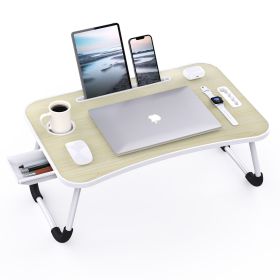 Foldable Laptop Table Portable Lap Desk Bed Table Tray Laptop Stand with Cup Holder & Tablet Slot & Lifting Handle for Working Writing Drawing & (Color: Beige)